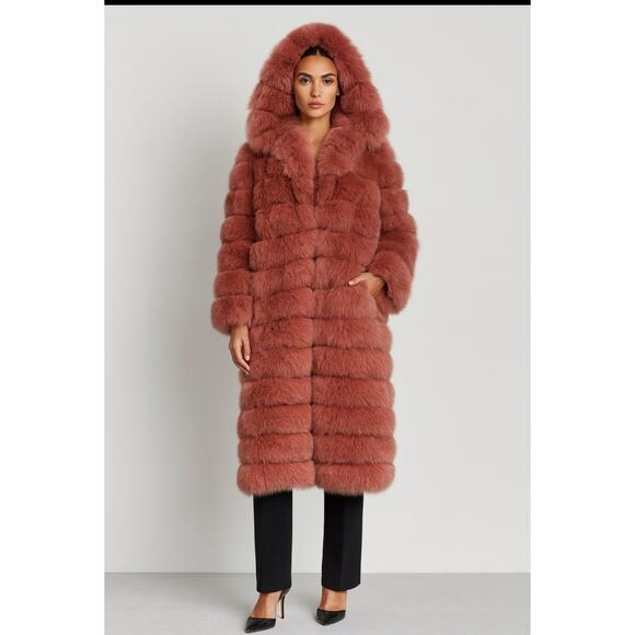 Luxury Pink Faux Fur & Genuine Leather Trim Hooded Long Coat Women’s Winter - Picture 1 of 8